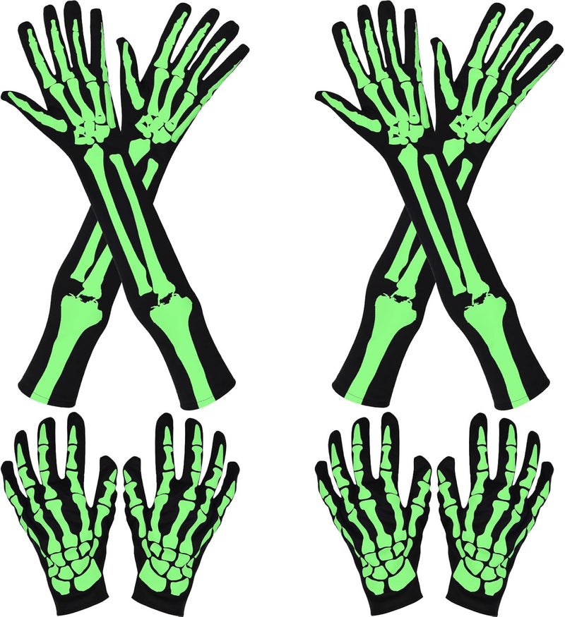 JOVITEC 4 Pairs Skeleton Gloves Halloween Costume Skull Gloves Gothic Bone for Costume Cosplay AccessoriesGlow - Image 1