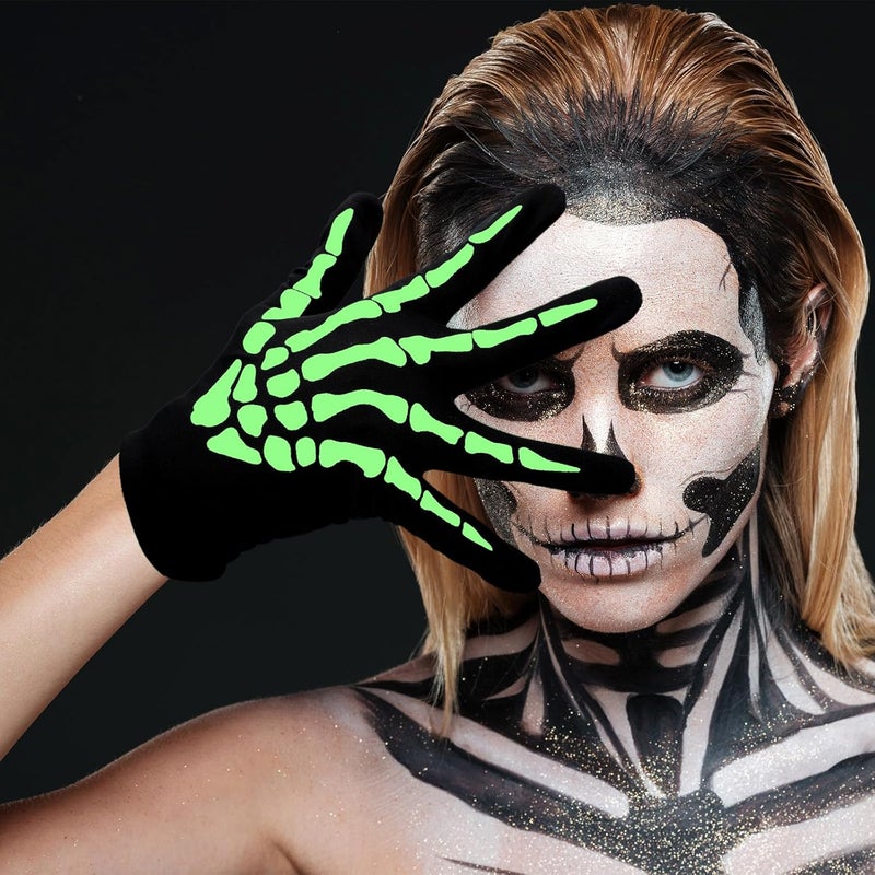 JOVITEC 4 Pairs Skeleton Gloves Halloween Costume Skull Gloves Gothic Bone for Costume Cosplay AccessoriesGlow - Image 3