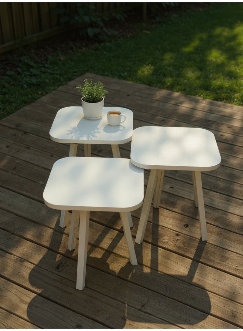 Living Set of 3 wooden square side tables in white color - Image 1