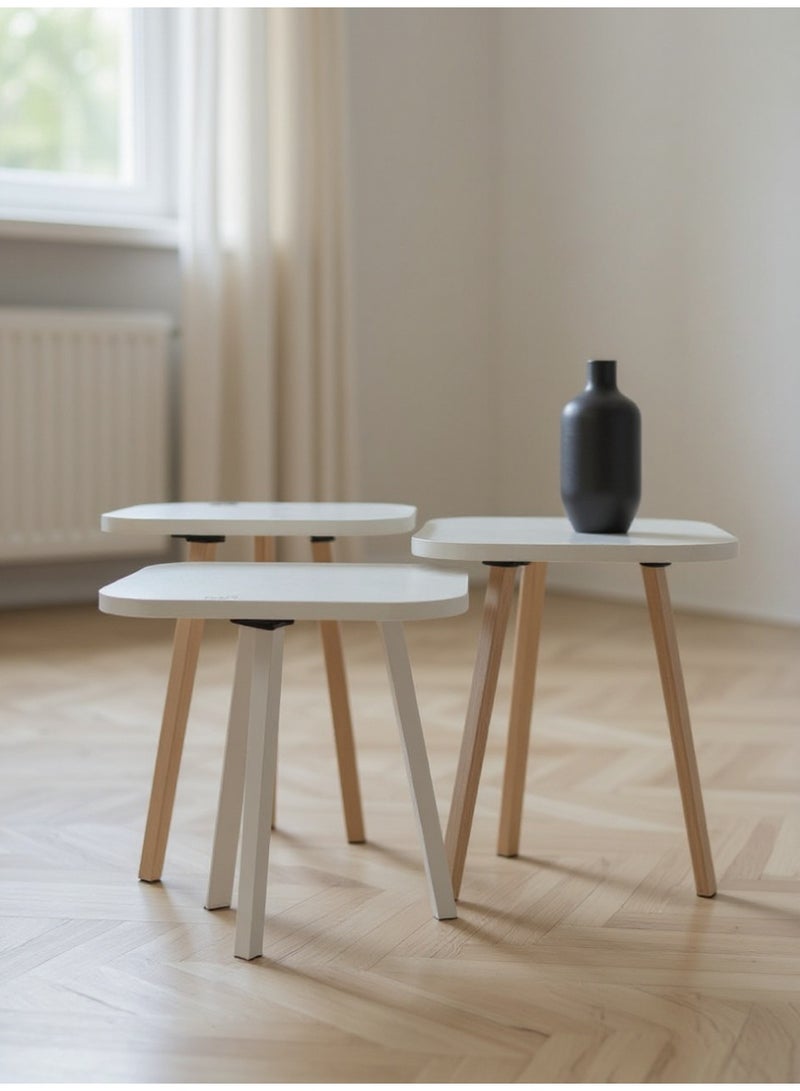 Living Set of 3 wooden square side tables in white color - Image 2