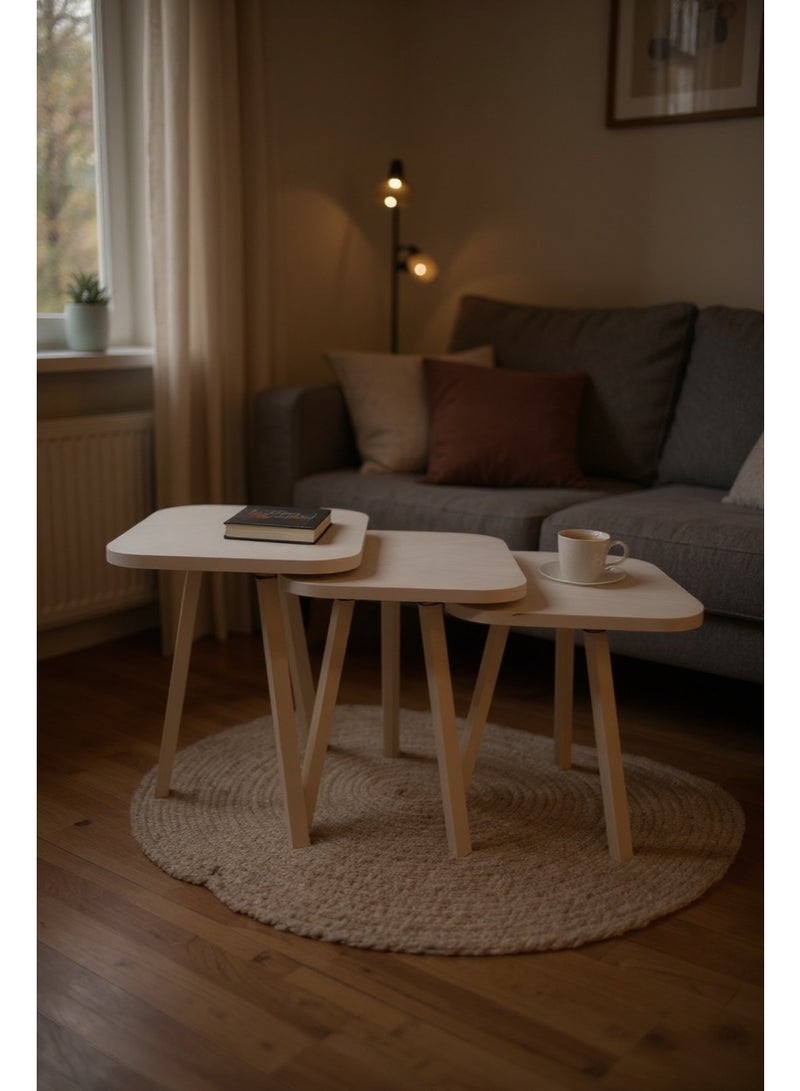 Living Set of 3 wooden square side tables in white color - Image 3