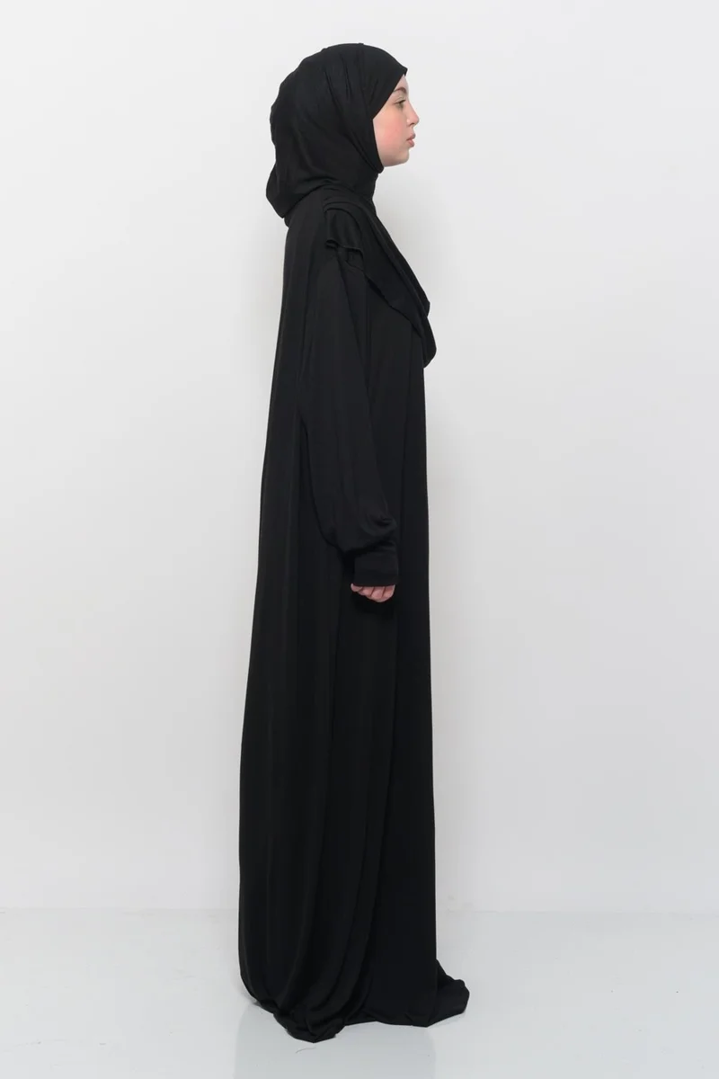 Altobeh Practical One Piece Cotton Bat Sleeves Removable Organic Hijab Prayer Dress with Headscarf - Black