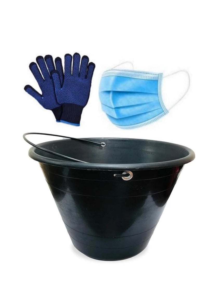 ABBASALI PVC Light Weight Bucket with Handle for Outdoor Gardeners,Construction Field etc With 3 Pair Gloves & 20Pcs Face Mask (6, BLACK)  - Image 1