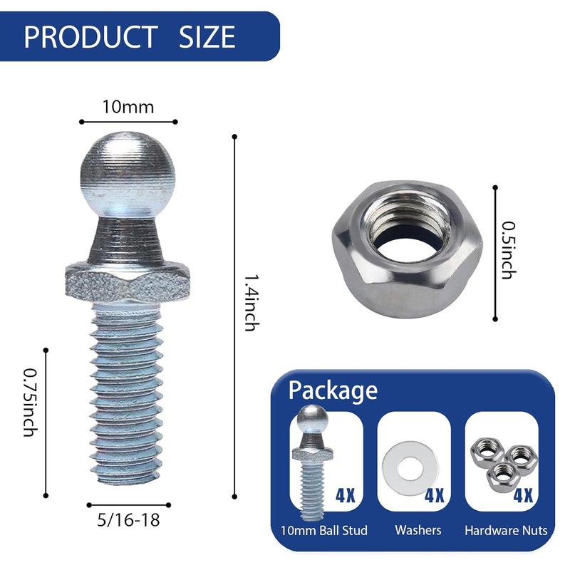 Beneges 4 Pair 10mm Ball Studs with Hardware Lock Nuts Washers 5/16-18 Thread x 3/4" Long Shank for Universal Gas Lift Support Strut End Fittings - Image 2