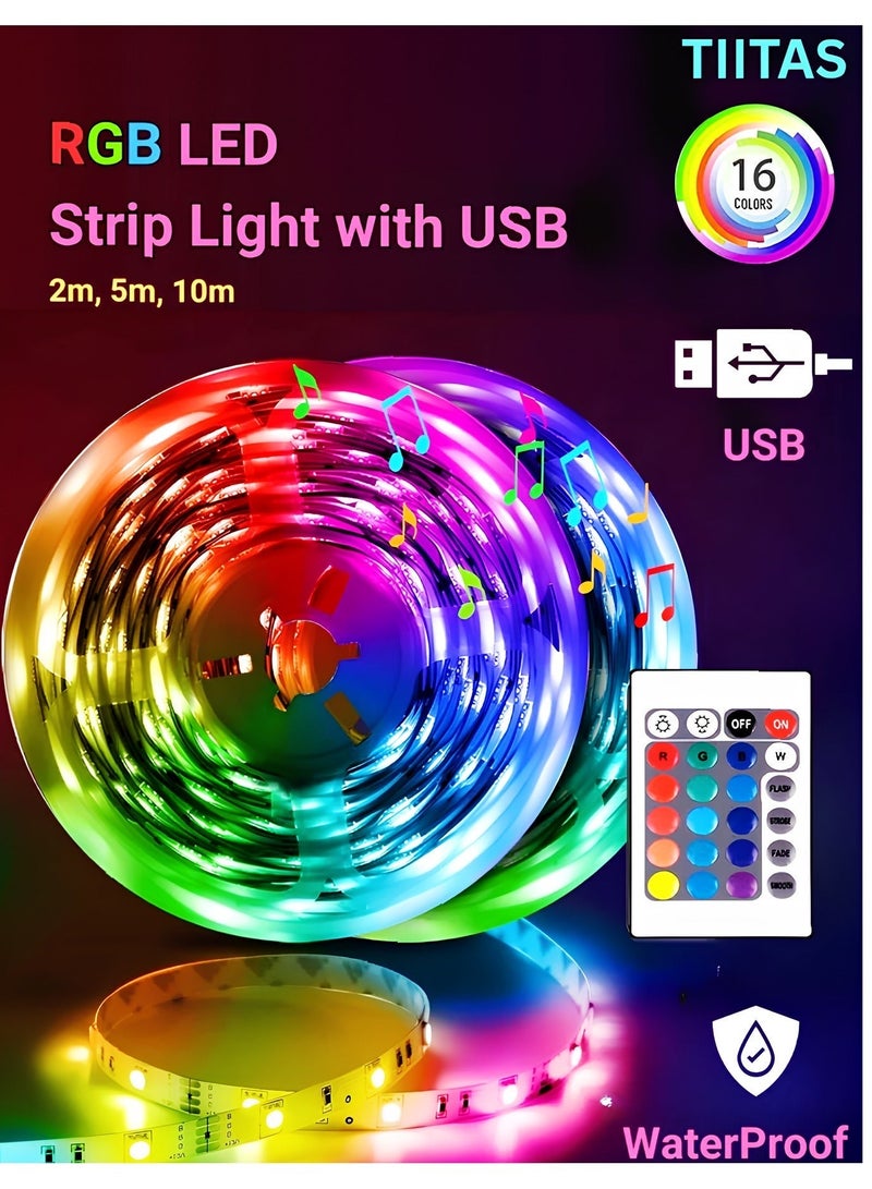 TIITAS 5M LED Light Strip, USB Powered RGB Lighting, IP65 Waterproof LED Lighting, Multicolor LED Strip with Remote Control, 30 Lights/Meter, The Best LED lights Chose for Gaming Room, Bedroom, Desktop PC, Indoor Decor and TV - Image 1