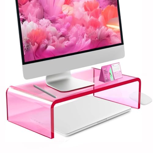 CalorMixs Ergonomic Acrylic Monitor Stand with Storage - Bright Pink Desktop Organizer for Back Pain Relief & Space Saving, Stylish & Modern Desktop Organizer(Home/Office Use) - Image 1