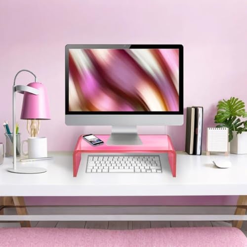 CalorMixs Ergonomic Acrylic Monitor Stand with Storage - Bright Pink Desktop Organizer for Back Pain Relief & Space Saving, Stylish & Modern Desktop Organizer(Home/Office Use) - Image 2