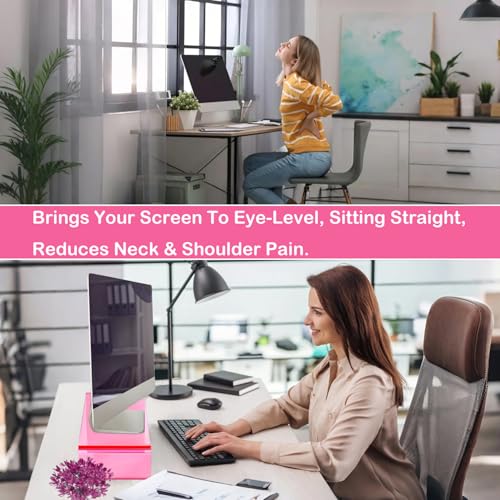 CalorMixs Ergonomic Acrylic Monitor Stand with Storage - Bright Pink Desktop Organizer for Back Pain Relief & Space Saving, Stylish & Modern Desktop Organizer(Home/Office Use) - Image 3