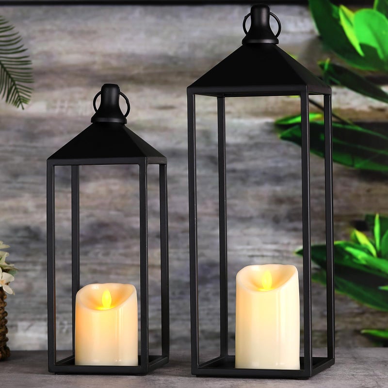 MATAHUM Modern Farmhouse Lanterns Decorative Indoor & Outdoor, 17" 13" Set of 2 Black Vintage Lantern with Flameless Candles, Metal Rustic Lantern Decor for Room, Porch, Mantle, Patio, Home Decor - Image 1