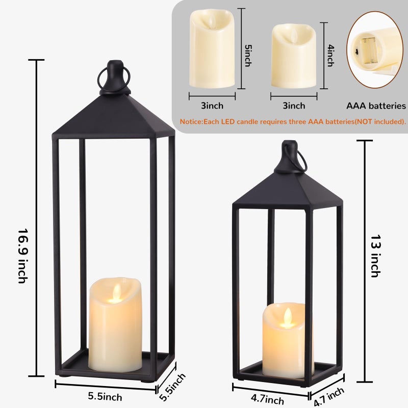MATAHUM Modern Farmhouse Lanterns Decorative Indoor & Outdoor, 17" 13" Set of 2 Black Vintage Lantern with Flameless Candles, Metal Rustic Lantern Decor for Room, Porch, Mantle, Patio, Home Decor - Image 2