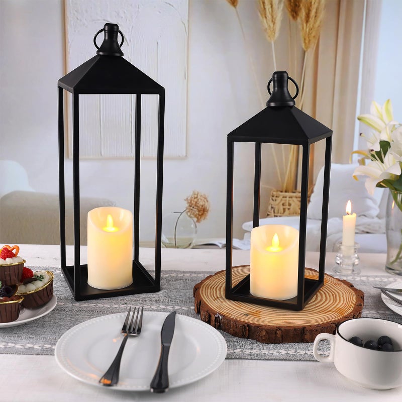 MATAHUM Modern Farmhouse Lanterns Decorative Indoor & Outdoor, 17" 13" Set of 2 Black Vintage Lantern with Flameless Candles, Metal Rustic Lantern Decor for Room, Porch, Mantle, Patio, Home Decor - Image 4
