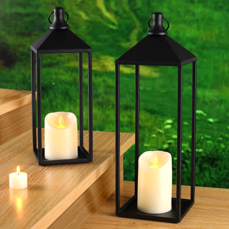MATAHUM Modern Farmhouse Lanterns Decorative Indoor & Outdoor, 17" 13" Set of 2 Black Vintage Lantern with Flameless Candles, Metal Rustic Lantern Decor for Room, Porch, Mantle, Patio, Home Decor - Image 5