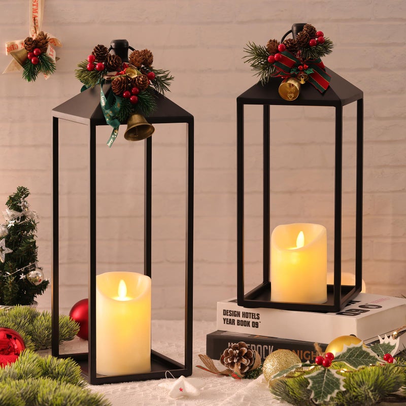 MATAHUM Modern Farmhouse Lanterns Decorative Indoor & Outdoor, 17" 13" Set of 2 Black Vintage Lantern with Flameless Candles, Metal Rustic Lantern Decor for Room, Porch, Mantle, Patio, Home Decor - Image 3