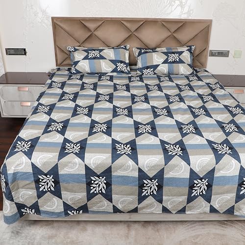 AVI 180 TC Bedsheet King Size Bed Glace Cotton with 2 Pillow Covers | 110 GSM Soft Brushed Microfiber King Size Bedsheet Cotton - Breathable & Wrinkle Free - (223 x 241 CM, Blue & Grey) - Image 1