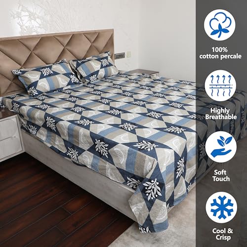 AVI 180 TC Bedsheet King Size Bed Glace Cotton with 2 Pillow Covers | 110 GSM Soft Brushed Microfiber King Size Bedsheet Cotton - Breathable & Wrinkle Free - (223 x 241 CM, Blue & Grey) - Image 4