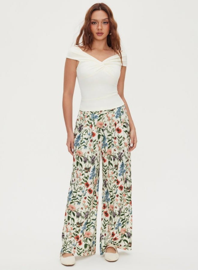 CIDER Womens Wide Leg Pants Floral Elastic Waist Palazzo Pants Boho Summer Casual Fashion Outfits, Beige, M - Image 2