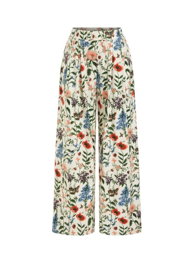CIDER Womens Wide Leg Pants Floral Elastic Waist Palazzo Pants Boho Summer Casual Fashion Outfits, Beige, M - Image 1