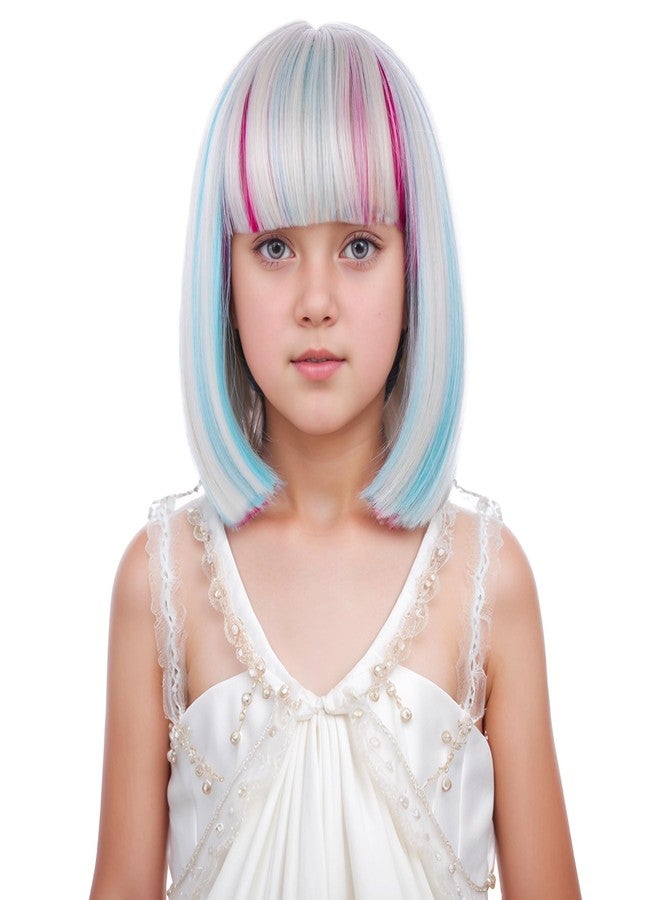 DUDUWIG Child Blonde Mixed Pink Blue Wig Kid Short Rainbow Straight Wig Colorful Wigs with Bangs for Girls Hairnet Include - Image 4