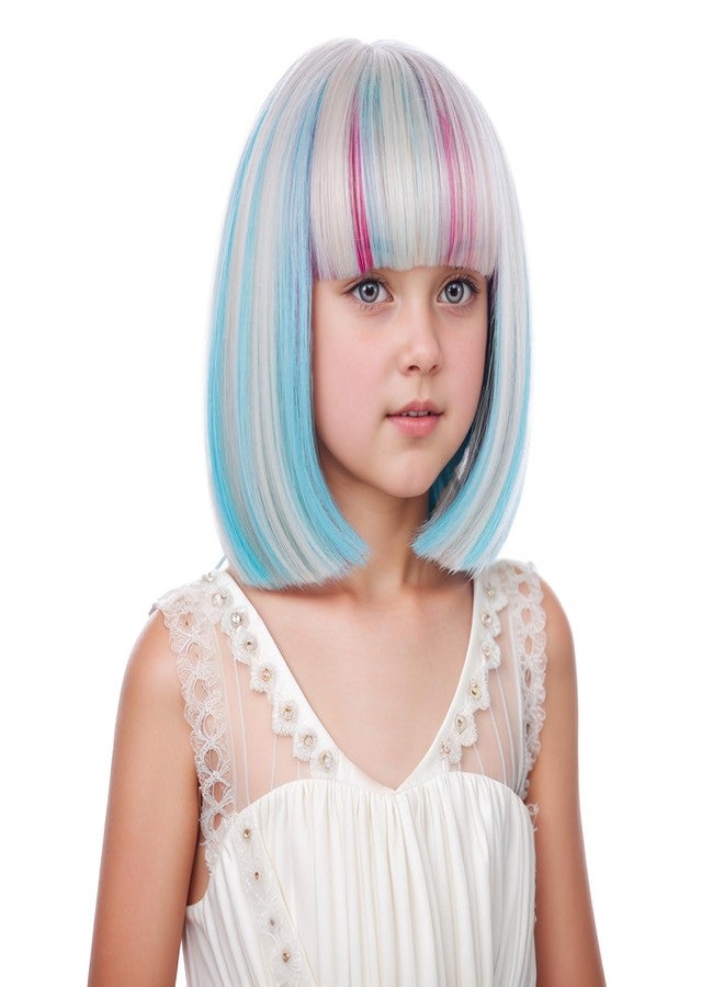 DUDUWIG Child Blonde Mixed Pink Blue Wig Kid Short Rainbow Straight Wig Colorful Wigs with Bangs for Girls Hairnet Include - Image 1