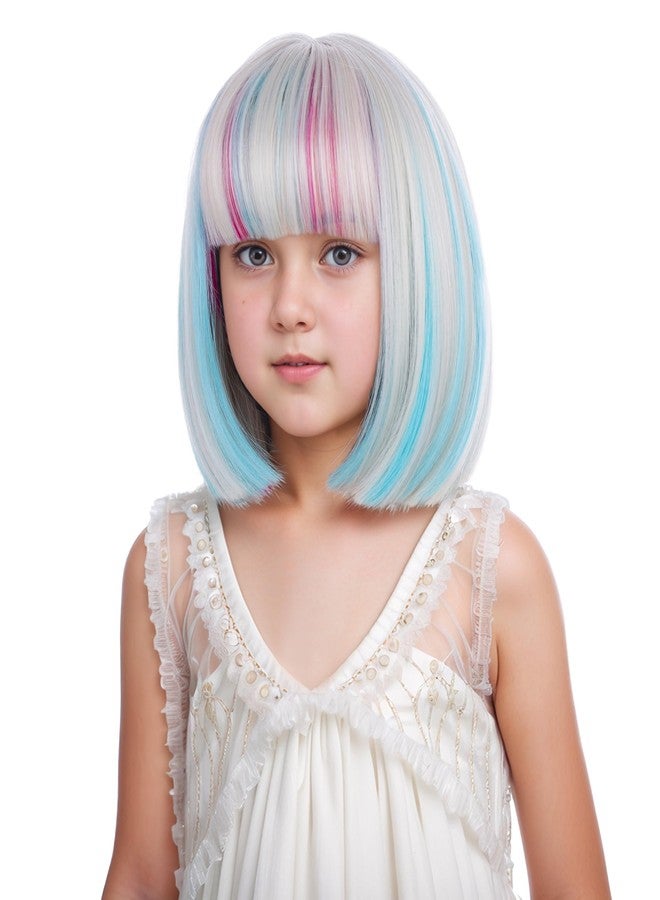 DUDUWIG Child Blonde Mixed Pink Blue Wig Kid Short Rainbow Straight Wig Colorful Wigs with Bangs for Girls Hairnet Include - Image 3