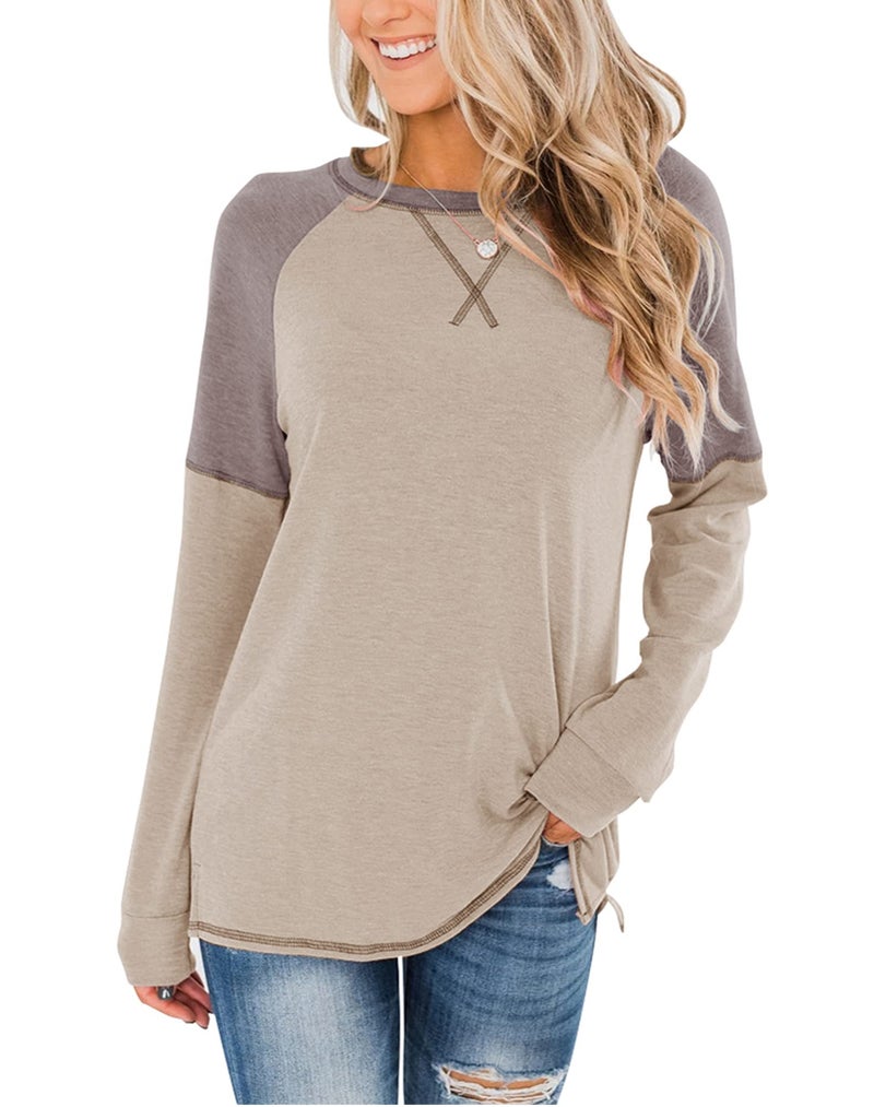 Bingerlily Women's Casual Long Sleeve Tunic Tops Crew Neck Color Block Blouses - Image 1
