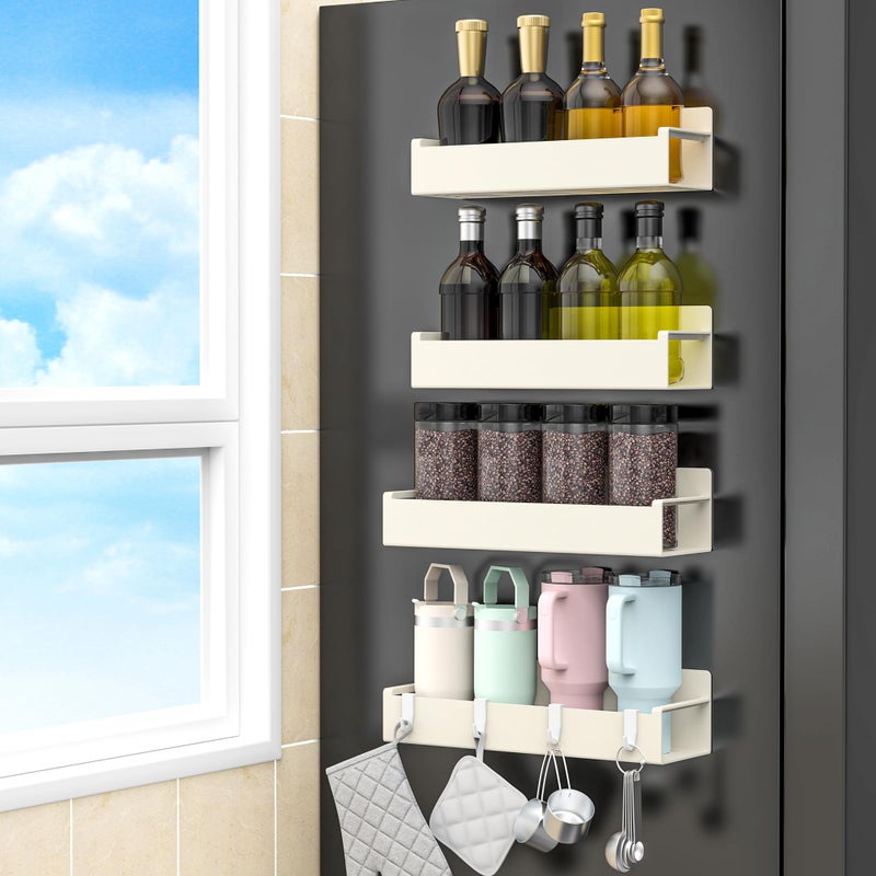 HuggieGems 4 Pack Magnetic Spice Rack Organizer for Refrigerator and Oven, Cream White Fridge Organizers and Storage for Kitchen - Image 1