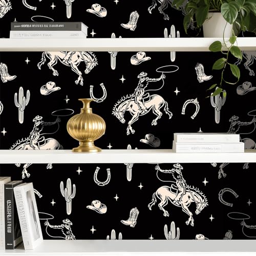 Stickyart Vintage Western Cowboy Wallpaper Peel and Stick Cactus Horseshoe Stars Cowboy Rodeo Wallpaper Self Adhesive Black Beige Western-Themed Contact Paper Removable for Nursery Cabinet 17.5"x80" - Image 2