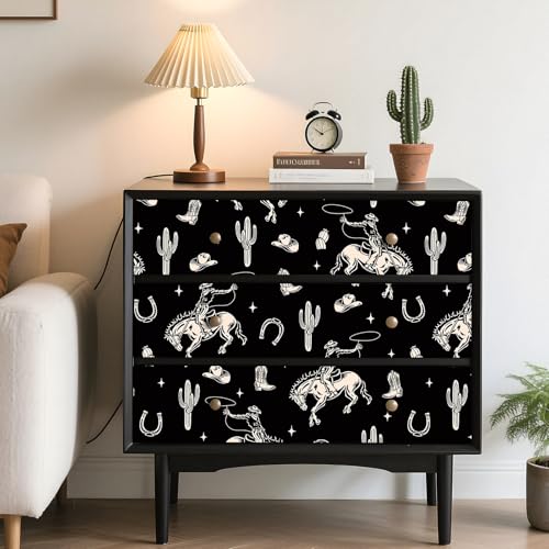 Stickyart Vintage Western Cowboy Wallpaper Peel and Stick Cactus Horseshoe Stars Cowboy Rodeo Wallpaper Self Adhesive Black Beige Western-Themed Contact Paper Removable for Nursery Cabinet 17.5"x80" - Image 4