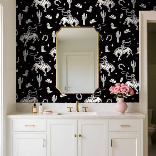 Stickyart Vintage Western Cowboy Wallpaper Peel and Stick Cactus Horseshoe Stars Cowboy Rodeo Wallpaper Self Adhesive Black Beige Western-Themed Contact Paper Removable for Nursery Cabinet 17.5"x80" - Image 5