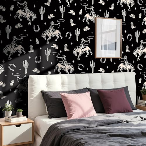 Stickyart Vintage Western Cowboy Wallpaper Peel and Stick Cactus Horseshoe Stars Cowboy Rodeo Wallpaper Self Adhesive Black Beige Western-Themed Contact Paper Removable for Nursery Cabinet 17.5"x80" - Image 3