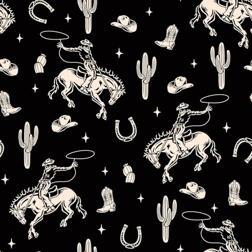 Stickyart Vintage Western Cowboy Wallpaper Peel and Stick Cactus Horseshoe Stars Cowboy Rodeo Wallpaper Self Adhesive Black Beige Western-Themed Contact Paper Removable for Nursery Cabinet 17.5"x80" - Image 1