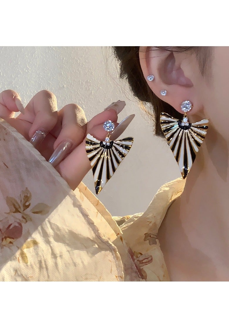Statement Geometric Fan Earrings for Women, Black White Striped Drop Earrings with Gold Trim and Rhinestone Top, Fashion Jewelry for Party or Evening Wear - Image 1
