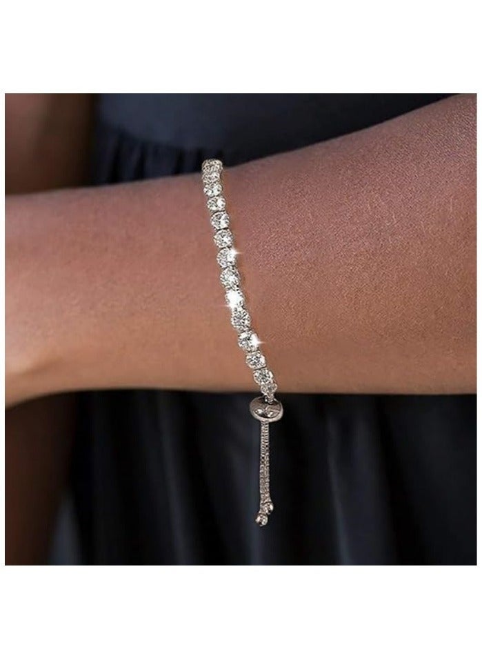 جيفت أساور نسائية مطلية بالذهب الأبيض، مرصعة بالألماس، مرصعة بزركونيا مكعب AAA+، بتصميم كلاسيكي أنيق، قابلة للتعديل، مناسبة كهدية زفاف. - Image 3