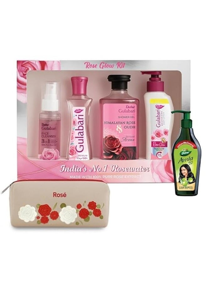 Dabur Gulabari Rose Glow Kit | Rose Water, Face Cleanser, Body Lotion & Shower Gel | With Free Amla Hair Oil & Travel Pouch | Skincare Gift Box for Glowing Skin & Strong Hair | 6 Piece Gift Set - Image 1