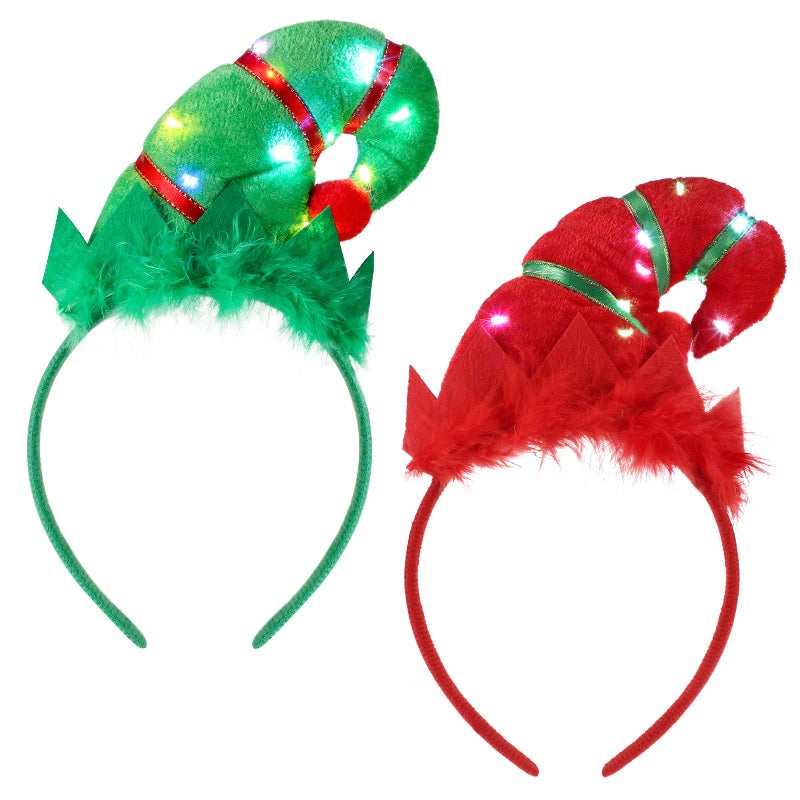 Luinabio 2 Pieces Christmas Elves Headbands Glowing Elf Hat Costume Headwear Accessories Red Green Elf Hair Hoop with 3D Hat Designs for Christmas and Holiday Parties Favors Classic Style - Image 2