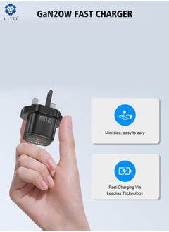 ليتو Lito GaN Charger with Type-C to Lightning Head Cable, PD 20W Fast Charge, Universal Compatibility, Overheat Protection, Safe & Reliable Charging, Lightweight & Portable | Black  - Image 2