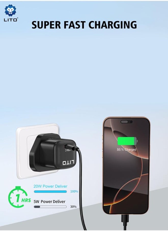 ليتو Lito GaN Charger with Type-C to Lightning Head Cable, PD 20W Fast Charge, Universal Compatibility, Overheat Protection, Safe & Reliable Charging, Lightweight & Portable | Black  - Image 3