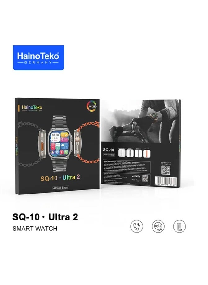 هينو تيكو - ساعة هاينو تيكو SQ10 ألترا 2 الذكية مع شاشة AMOLED مقاس 2.02 بوصة وشاحن لاسلكي و4 أحزمة إضافية وجهاز تتبع اللياقة البدنية ومكالمات بلوتوث ومراقب معدل ضربات القلب ومقاومة للماء IP67 وأوضاع رياضية متوافقة مع نظامي Android وiOS باللون الأسود - Image 1