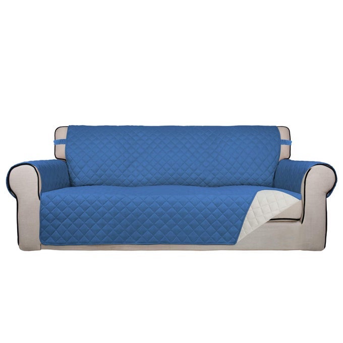 REVERSIBLE QUILTED SOFA COVER WATER RESISTANT SLIPCOVER FURNITURE PROTECTOR WASHABLE COUCH COVER WITH NON SLIP AND ELASTIC STRAPS FOR KIDS DOGS PETS SOFA BLUEIVORY