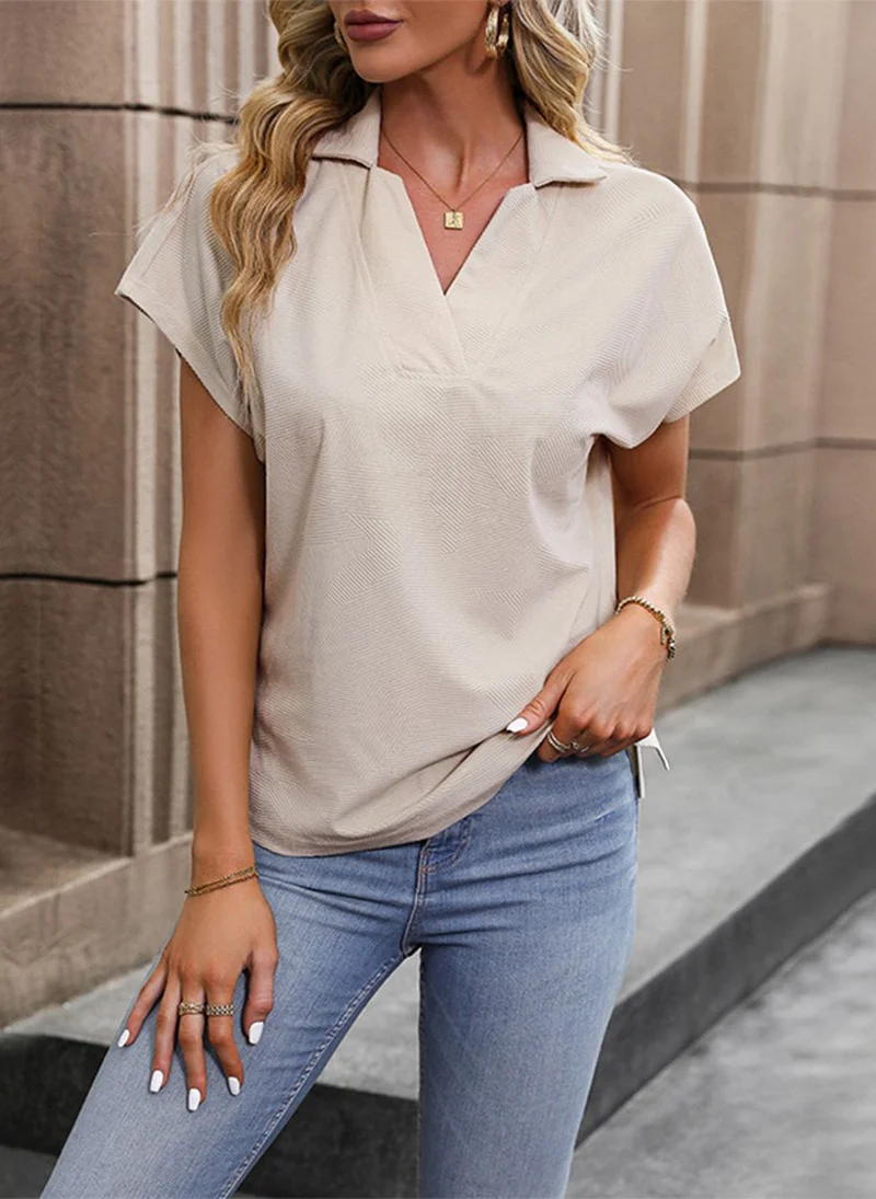 YUNIQEE Grey Shirt Collar Short Sleeves Solid Top