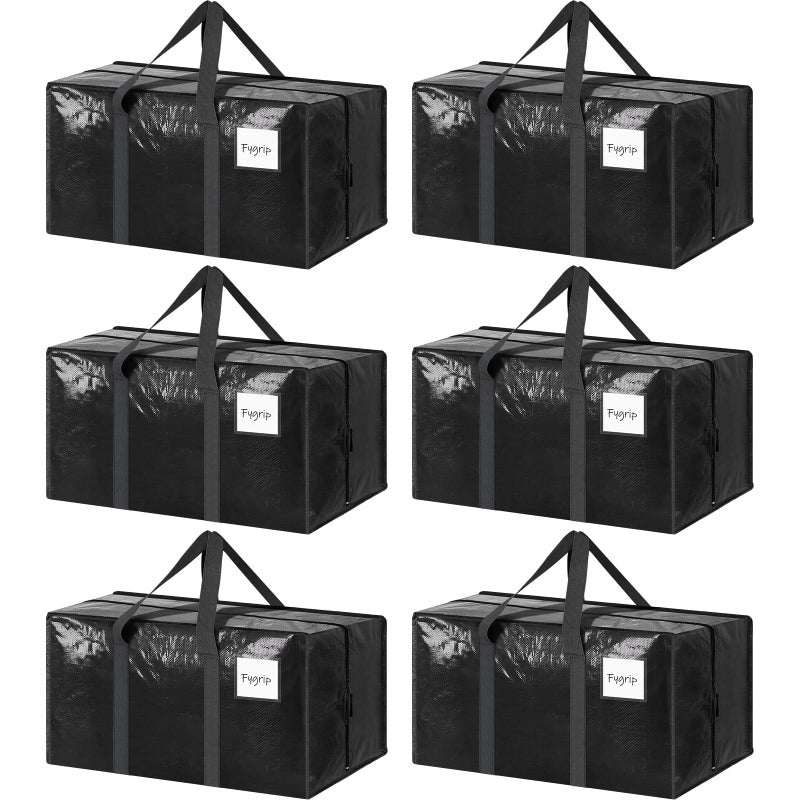 FYGRIP 6 Pack Extra Heavy Duty Large Moving Bags with Strong Zipper & Comfortable Handles, Sturdy & Durable Clothes Storage Bags Totes Bins, Packing Moving Boxes for College Supplies, Black - Image 1