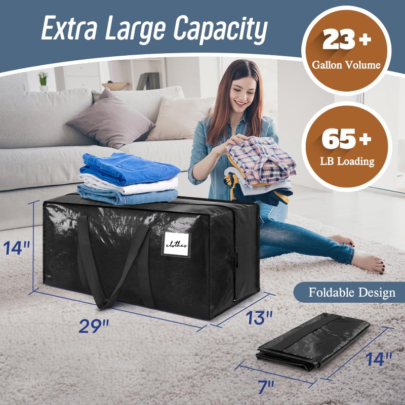 FYGRIP 6 Pack Extra Heavy Duty Large Moving Bags with Strong Zipper & Comfortable Handles, Sturdy & Durable Clothes Storage Bags Totes Bins, Packing Moving Boxes for College Supplies, Black - Image 3