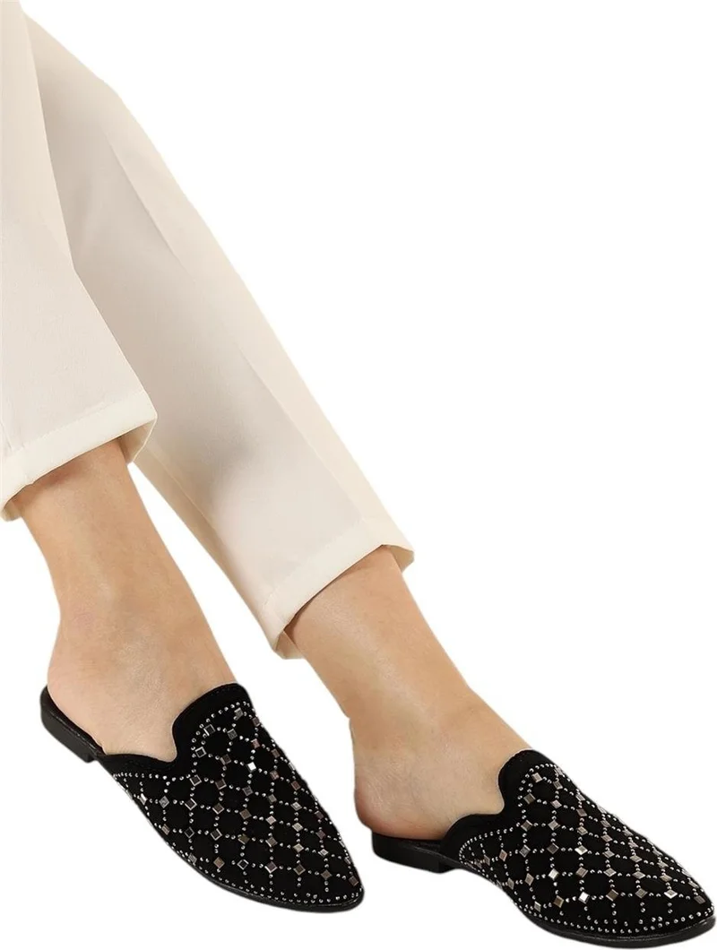 Liger Suede Pointed Toe Stone Design Women's Slippers Black - Silver