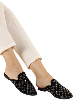 Liger Suede Pointed Toe Stone Design Women's Slippers Black - Silver  - Image 2