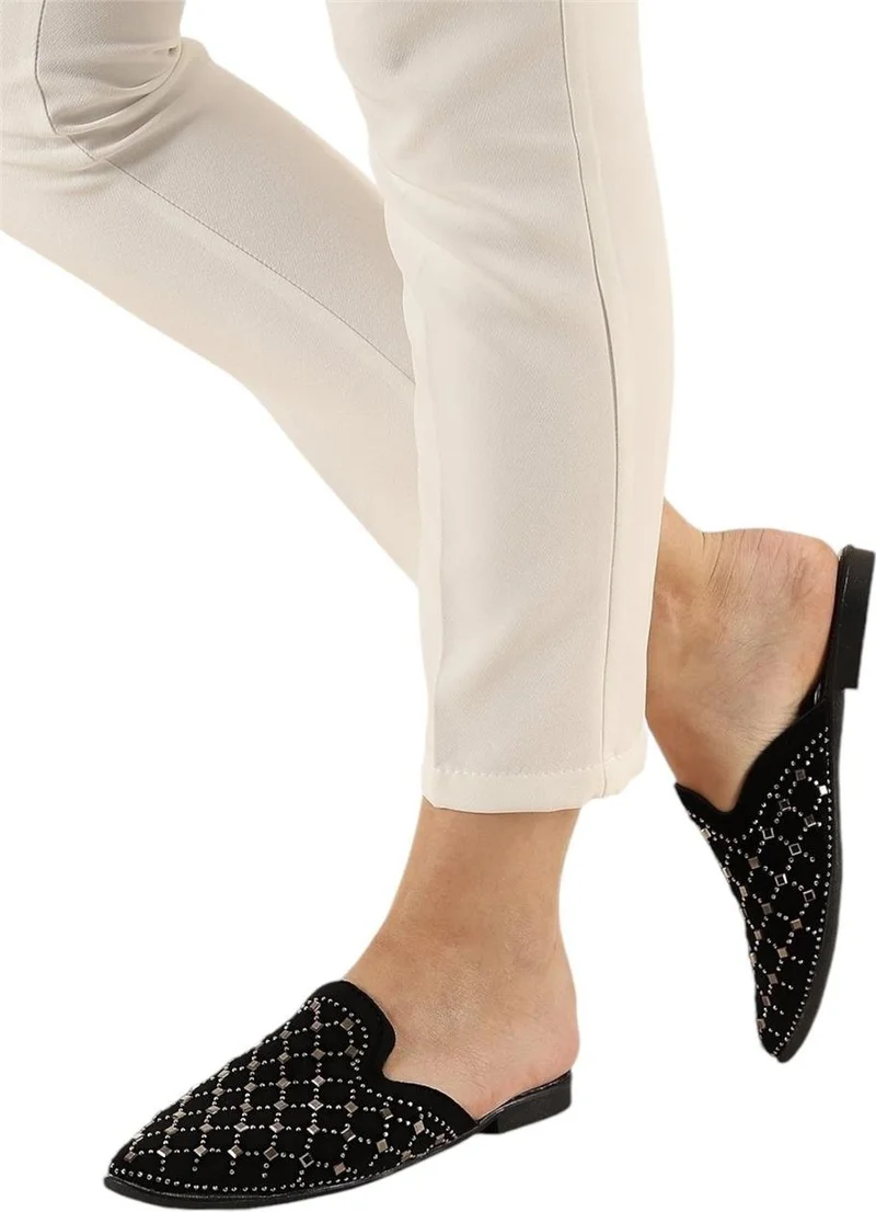 Liger Suede Pointed Toe Stone Design Women's Slippers Black - Silver
