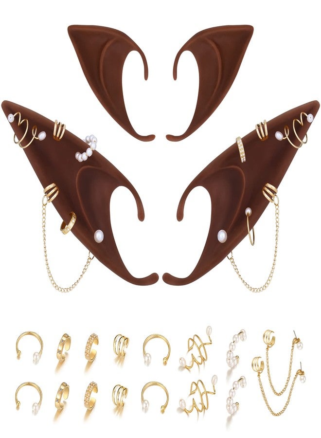 FRESHME Brown Elf Ears with Piercings Earring Cuffs Set - Cosplay Brown Fairy Pixie Ears with Pearl Earrings Chain Set, Non-Piercing Cartilage Ear Clip for Halloween Renaissance Photoshoot - Image 1
