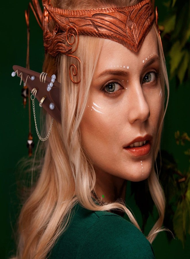 FRESHME Brown Elf Ears with Piercings Earring Cuffs Set - Cosplay Brown Fairy Pixie Ears with Pearl Earrings Chain Set, Non-Piercing Cartilage Ear Clip for Halloween Renaissance Photoshoot - Image 2