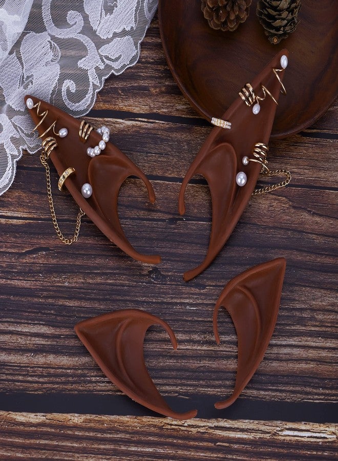 FRESHME Brown Elf Ears with Piercings Earring Cuffs Set - Cosplay Brown Fairy Pixie Ears with Pearl Earrings Chain Set, Non-Piercing Cartilage Ear Clip for Halloween Renaissance Photoshoot - Image 4