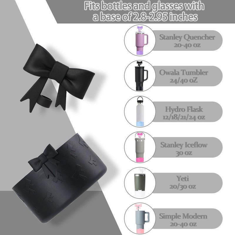 Lnulyaciy Bow Silicone Protective Boot for Stanley Cup 20/30/40Oz, Bow Straw Cover Topper with 10mm/0.4in, Compatible 12-24Oz Hydroflask Tumbler and More Bottles 2.83-3in Bottom (Black Set) - Image 4