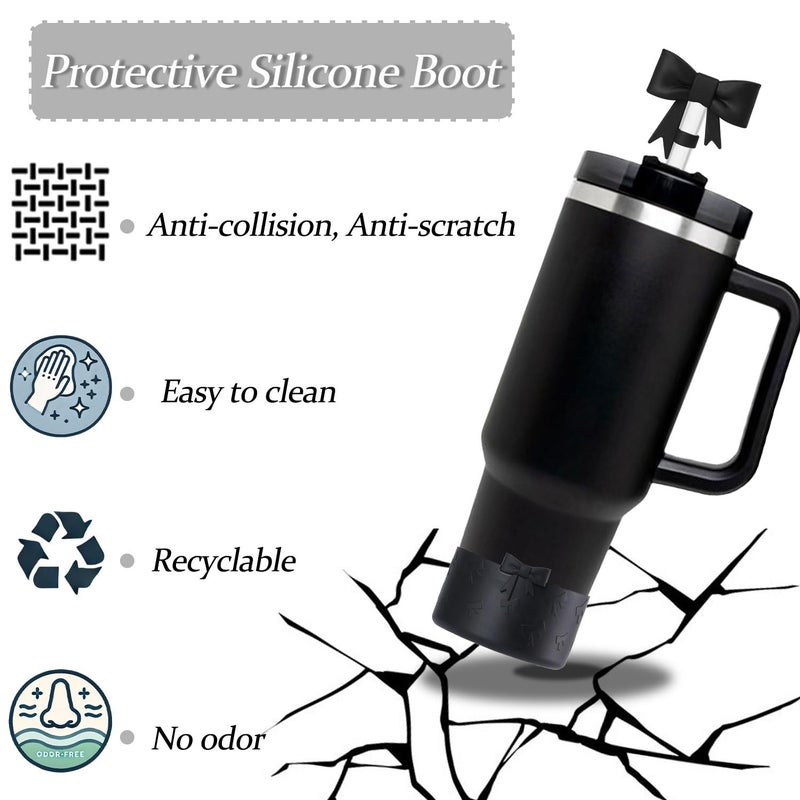Lnulyaciy Bow Silicone Protective Boot for Stanley Cup 20/30/40Oz, Bow Straw Cover Topper with 10mm/0.4in, Compatible 12-24Oz Hydroflask Tumbler and More Bottles 2.83-3in Bottom (Black Set) - Image 3